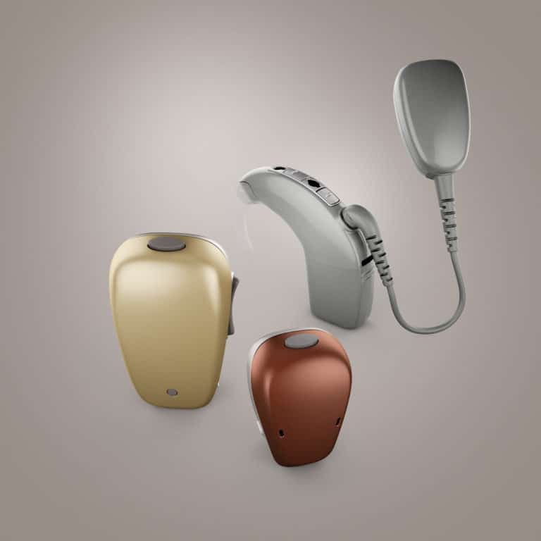 Image of exploded bone anchored hearing aid on grey background