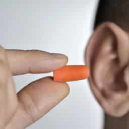 Man putting an earplug into his ear for hearing protection.